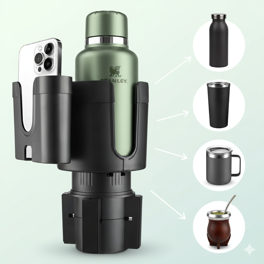 Expandí tu portavasos y lleva tu mate, termo o taza. + holder para el celular.