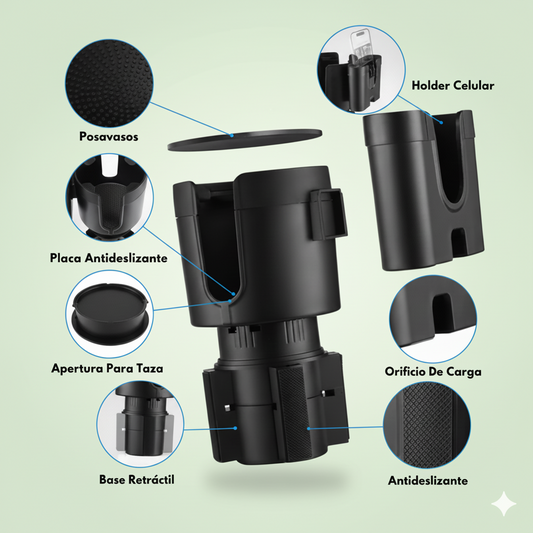 Expandí tu portavasos y lleva tu mate, termo o taza. + holder para el celular.